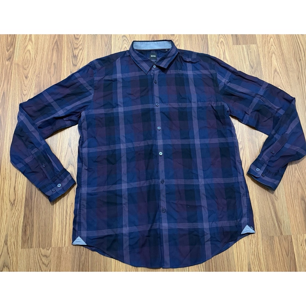 Hugo Boss Shirt Mens Extra Large Ronni Slim Fit Plaid Purple